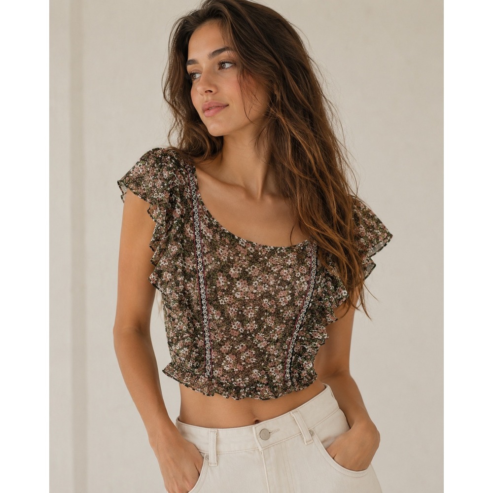 Zara Floral Ruffle Crop Blouse Beaded Tie Cottagecore Boho Top Small